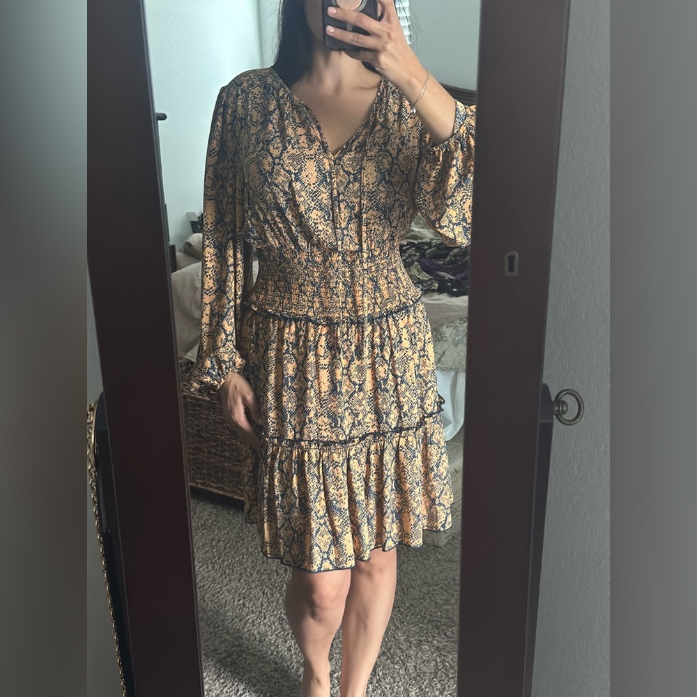 BCBGMaxAzria Tan Blue and yellow snake print dress L